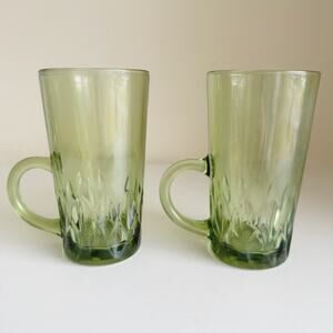Vintage MCM Diamond Beveled Green Glass Irish Coffee Mugs Set of 2